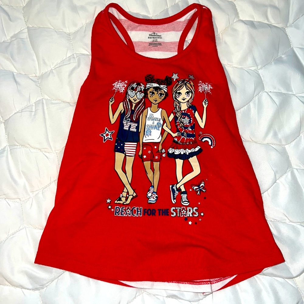 Size S (6/6x) celebrate Patriotic Reach for the Stars 4th of July holiday tank